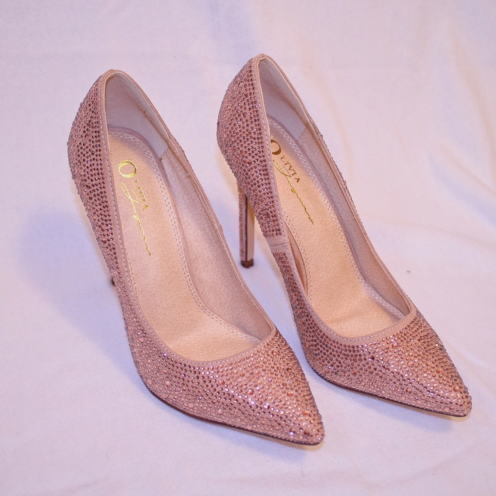 NWOB Olivia James Rose gold embellished pointed toe stiletto pumps